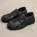 Men Black Pleated Leather Loafers Slip On Low Block Heel Vintage Casual Penny Shoes_vogvips.com