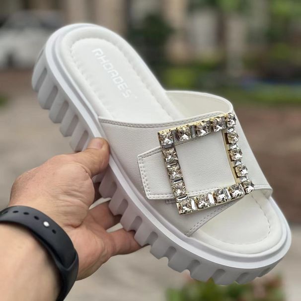 Rhodes New Genuine Leather Square Buckle Rhinestone Buckle Thick Soled Slippers Sandals Versatile Outdoor Beach Casual Shoes_vogvips.com