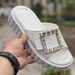 Rhodes New Genuine Leather Square Buckle Rhinestone Buckle Thick Soled Slippers Sandals Versatile Outdoor Beach Casual Shoes_vogvips.com