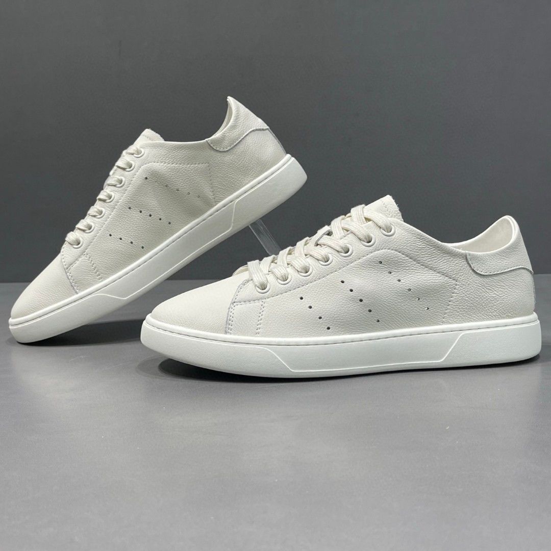 Men's Genuine Leather White Trendy Simple Low-top Casual Sneakers, European Style Men's Sho, Fashionable Versatile_vogvips.com