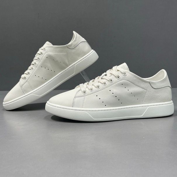 Men's Genuine Leather White Trendy Simple Low-top Casual Sneakers, European Style Men's Sho, Fashionable Versatile_vogvips.com
