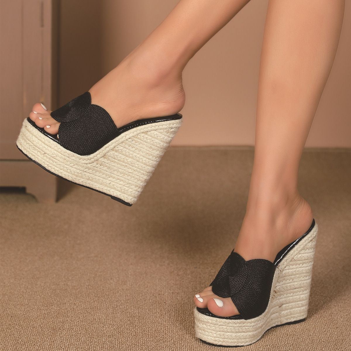 Women's Shoe Sexy New Straw Simple Hate Sky High Wedge Waterproof Trolley Model Linen Slippers_vogvips.com