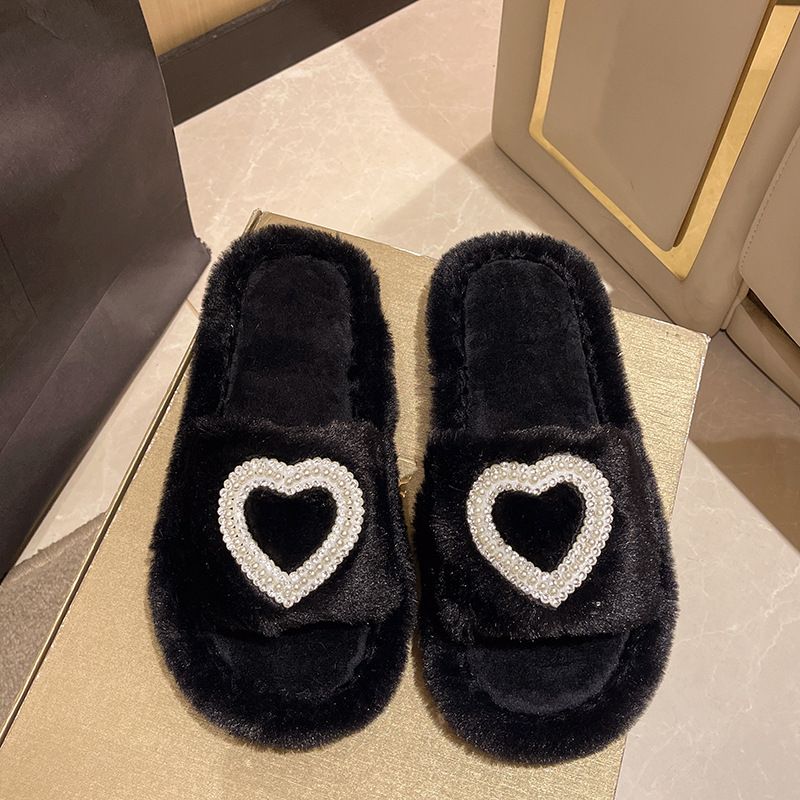 New Fashion Rhinestone Pearl Heart Furry For Women Autumn Winter Home Warm Floor Cotton Slippers_vogvips.com