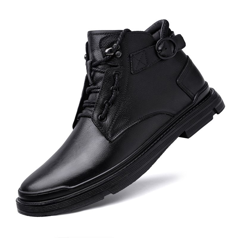 First Layer Cotton Tooling Boots High Top Leather Shoes Leather Splicing Lace Up_vogvips.com