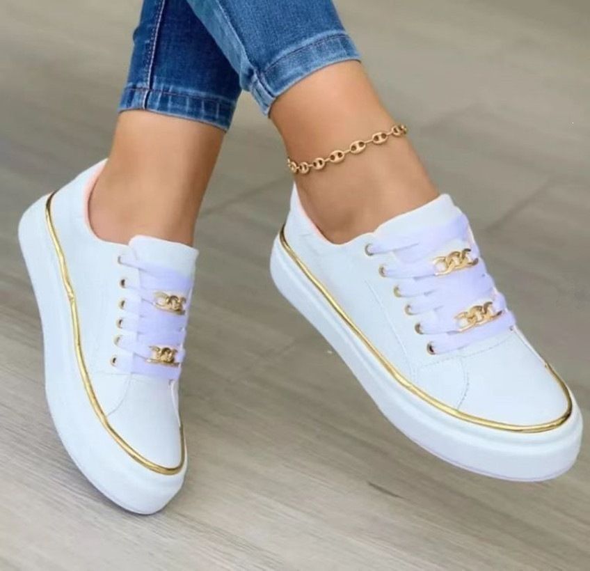 Women's Large Size 24 Thick Bottom Chain Sports Style Casual Shoes Leather Low Top Lace Up Single Shoes American Design_vogvips.com