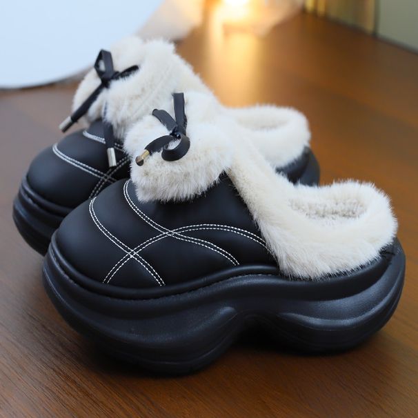 PU Leather Cotton Slippers Women, Thick Sole, Non-Slip, Indoor Waterproof, Bowknot, 2025 Winter New Style, Fleece-Lined,_vogvips.com