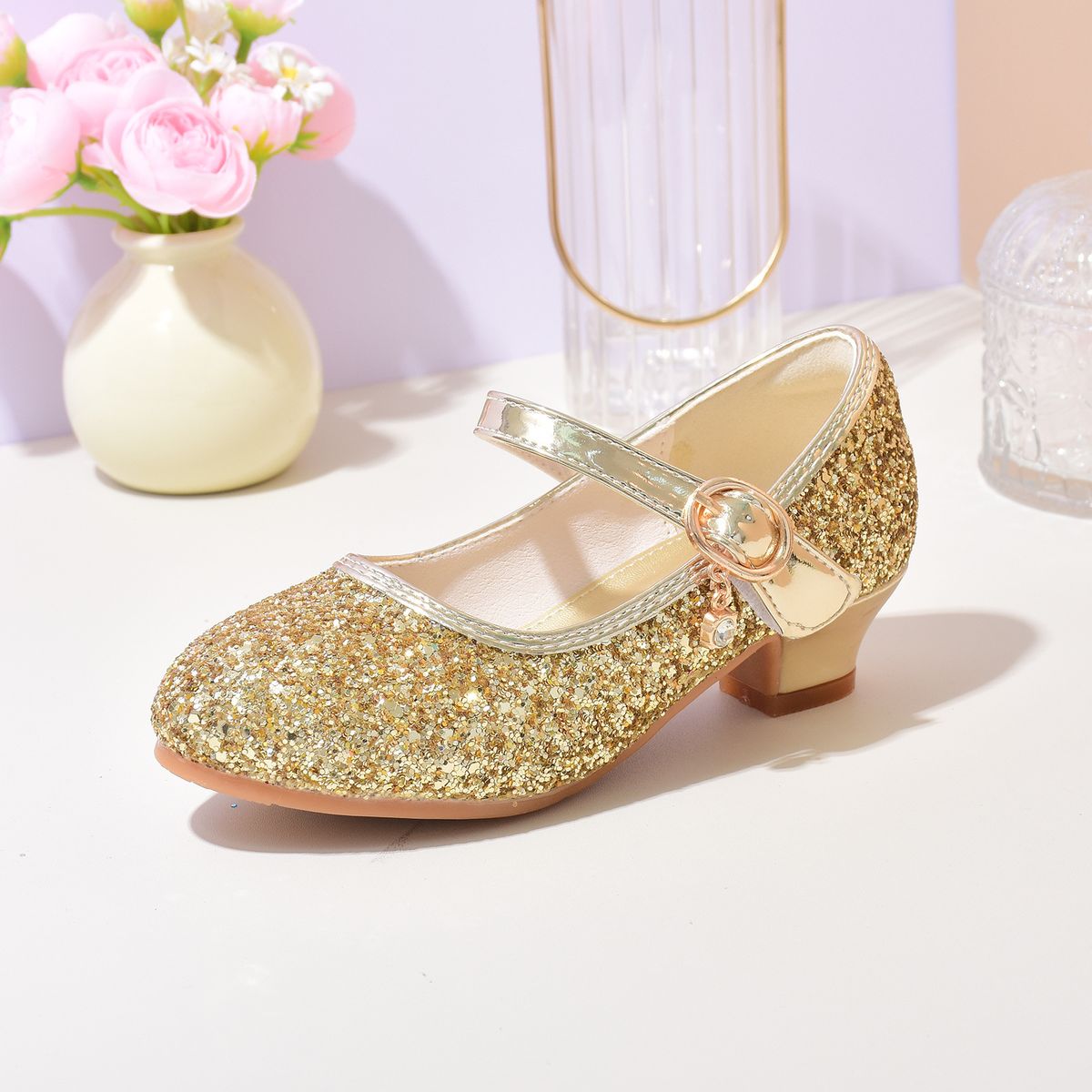 Children's glass shoes Spring and autumn fashion high-heeled girl princess shoes silver performance chorus of large children's single shoes_vogvips.com