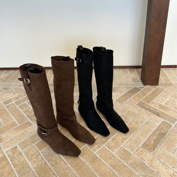 2025 New Western Cowboy For Women, Niche Fashion, Wrinkled Belt Buckle, Over-the-Knee Thick Heel Long Boots_vogvips.com
