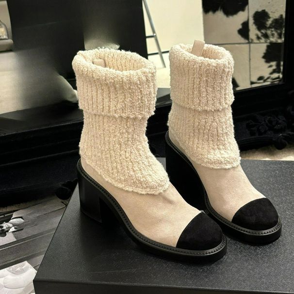 All Cowhide~ Genuine Leather Color Matching Thick-soled Medium Boots Women's Small Fragrant High-heeled Short Boots Elastic Thin Boots Socks Ankle_vogvips.com