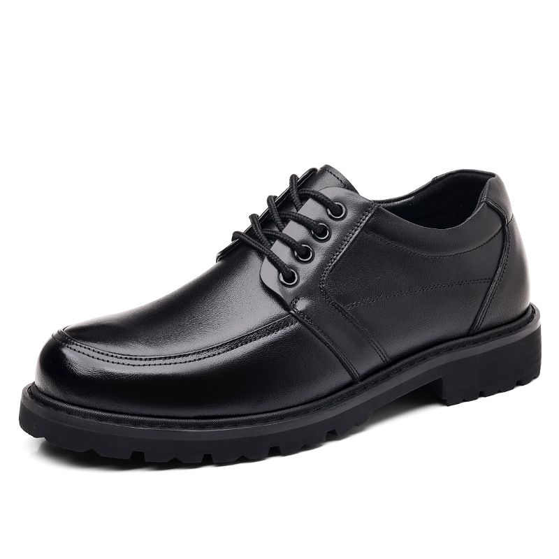 Men's Genuine Leather Lace-Up Dress Shoes Round Toe Thick Sole Low Cut Comfortable Business Casual Shoes_vogvips.com