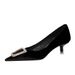 Women's Shoes Thin Heel Medium Heel Thickened Suede Shallow Mouth Pointed Metal Rhinestone Buckle Single Shoes_vogvips.com