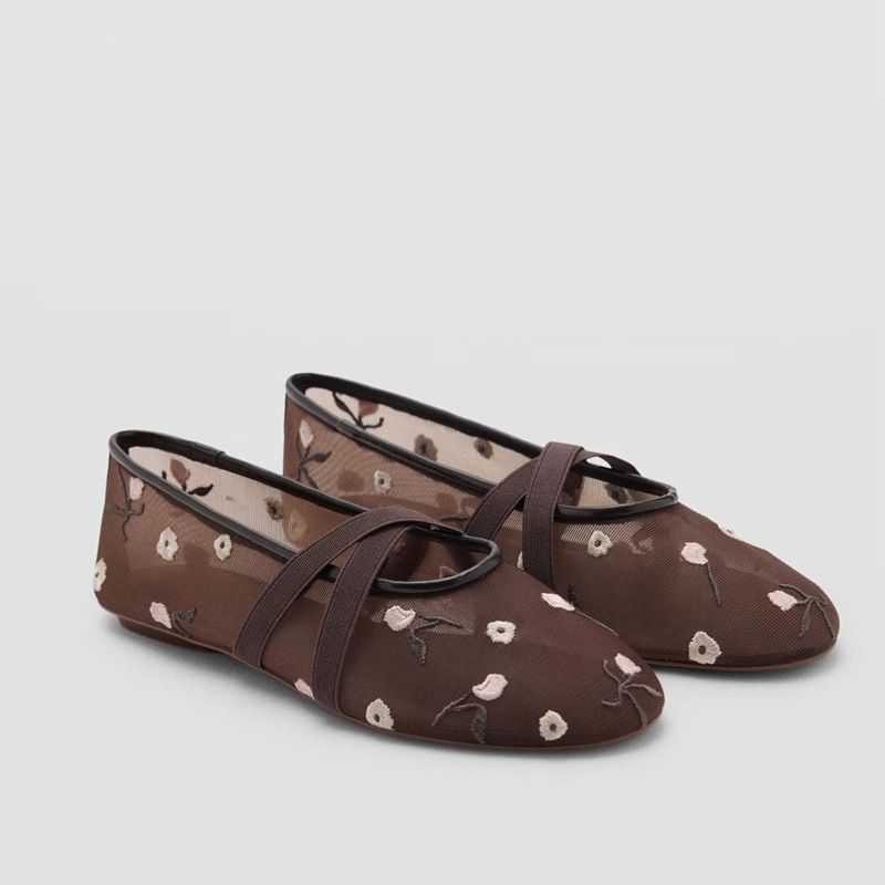Mesh Embroidered Flower Round Head Ballet Style Cross Strap Ballet Flat Breathable Mary Jane Single Shoes_vogvips.com