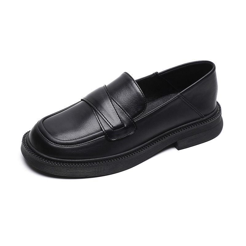 Platform Loafers For Women With One Foot, Black Retro Small Leather Shoes, Thick Heel And Soft Sole Single Shoes For Women_vogvips.com