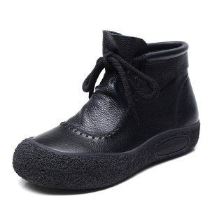 2024 Handmade Soft Leather Stitched Autumn Winter Low Heel Round Toe Rubber Women's Short Boots_vogvips.com