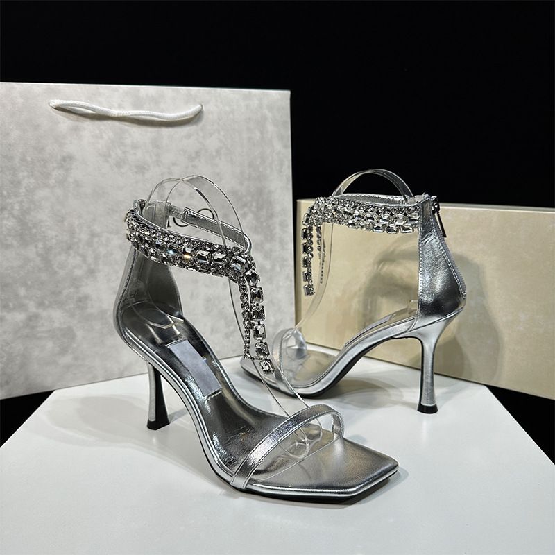 Women's Shoes New Genuine Leather High Heels Women's Stiletto Sandals Sexy Patent Leather Stiletto Sandals Rhinestones One Strap Square Toe Open Toe_vogvips.com