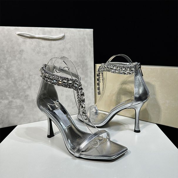 Women's Shoes New Genuine Leather High Heels Women's Stiletto Sandals Sexy Patent Leather Stiletto Sandals Rhinestones One Strap Square Toe Open Toe_vogvips.com