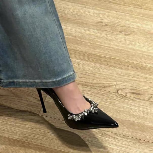 French Stunning Pointed Rhinestone High Heels Patent Leather Women's Shoes Empty Back Strap Super High Heel Single Shoes_vogvips.com