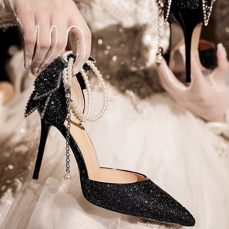 Fairy Style Crystal Bridesmaid Wedding Hollow Sandals Summer New Bow High Heels Stiletto Pointed Toe Single Shoes For_vogvips.com