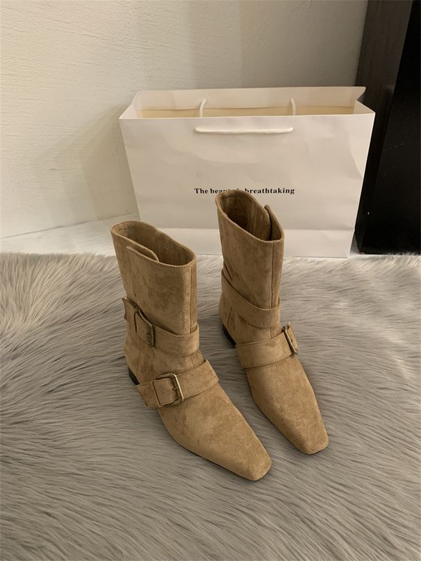 2024 Korean Version New Niche Design Versatile French Short Small Square Toe Chunky Heel Melad Mid-Calf Women's Boots_vogvips.com