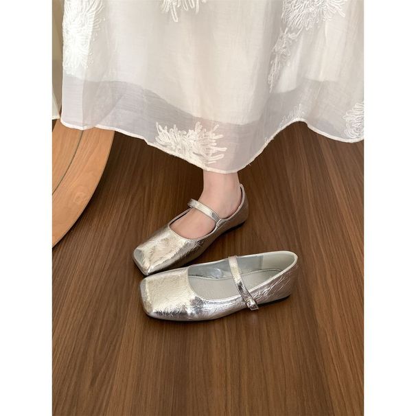 2025 Autumn New Silver Square Head Shallow Mouth For Spring And Summer Gentle Fairy Flat Bottom Grandma Women's Single_vogvips.com