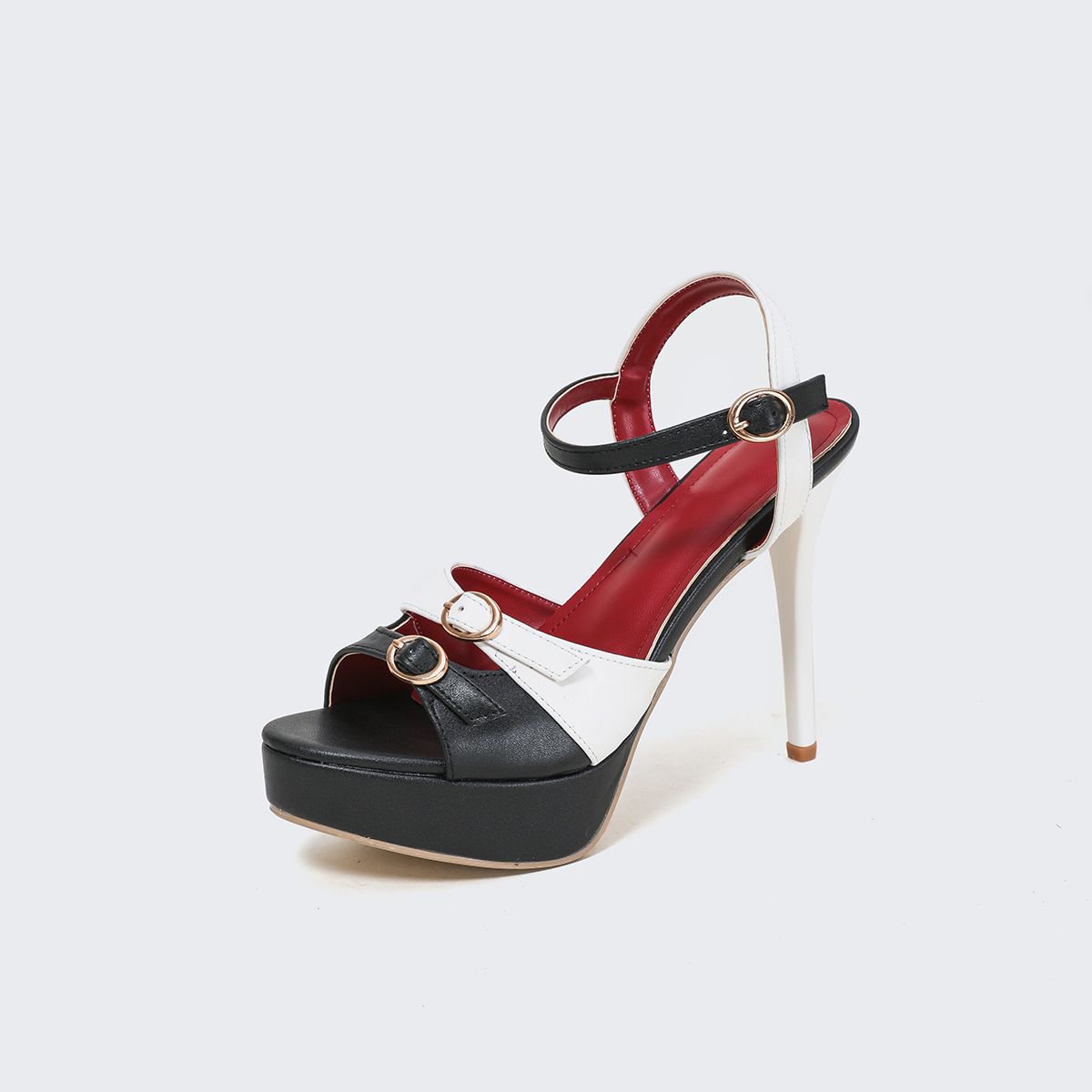 2026 New Foreign Trade Model Round Toe Chunky Ultra High Heel Waterproof Platform Peep-Toe Metal Buckle Large Size_vogvips.com