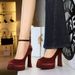 Round Head Satin One-word Strap High Heels, Light Mouth Waterproof Table Thick Heel Women's Shoes, Super High Heel Single Shoes Women_vogvips.com