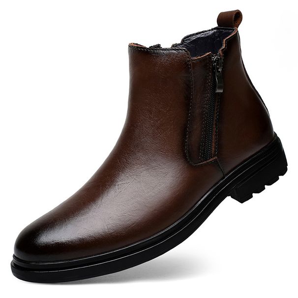 Men's Polished Retro Casual Men's Leather Boots Side Zipper Cotton Boots Breathable Martin Boots Low Heel Leather Boots Men's Shoes_vogvips.com
