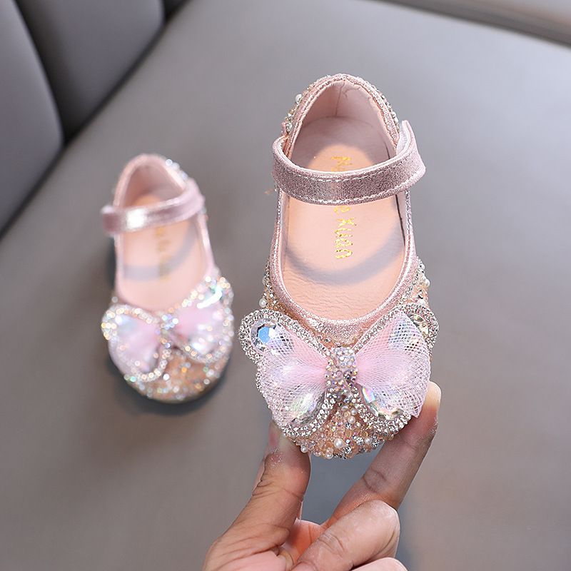 Girls Princess Square Mouth Rhinestone Bow Mesh Single Shoe Shoes Show Dance Shoes_vogvips.com