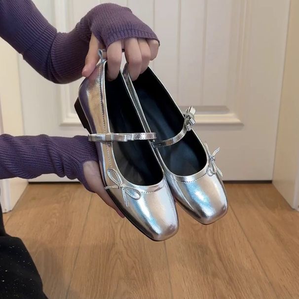 Sheepskin Version Bow Tie Silver Mary Jane Shoes Low Heel Square Toe Shallow Mouth Ballet Style Single Shoes For Women_vogvips.com