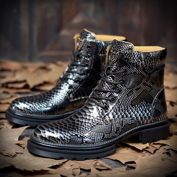 Men's Retro Snake-Patterned Faux Crocodile Leather Boots - Mid-Calf Martin Boots For Fashion & Comfort_vogvips.com