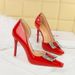 3287-K70 Banquet Slim Ultra High Heels Shallow Mouth Small Square Head Lacquer Leather Metal Water Diamond Buckle Single_vogvips.com