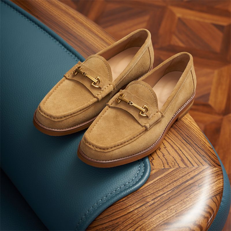 Men’s Dark Brown Suede Horsebit Loafers - Slip-On Casual Dress Shoes With Gold Buckle, Business & Smart-Casual_vogvips.com