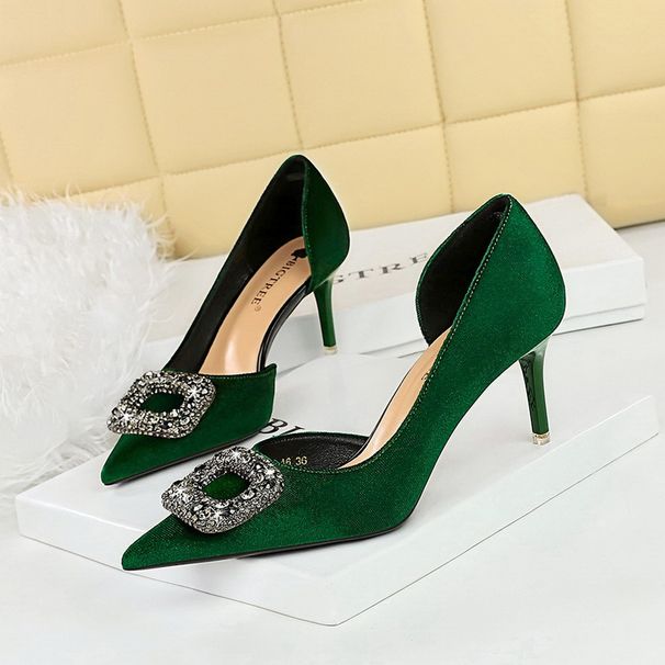 High heel suede shallow mouth pointed side hollow-out metal rhinestone buckle single shoes women_vogvips.com