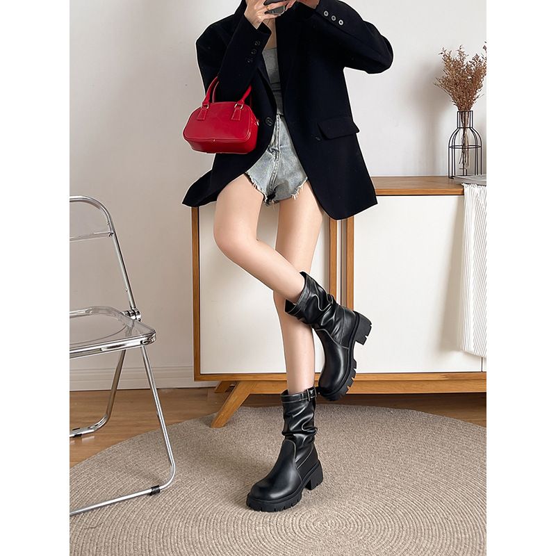 Gravity Shoe Factory French Leather Pile Short For Women 2025 Autumn And Winter Heel Thick Sole British Style Martin_vogvips.com