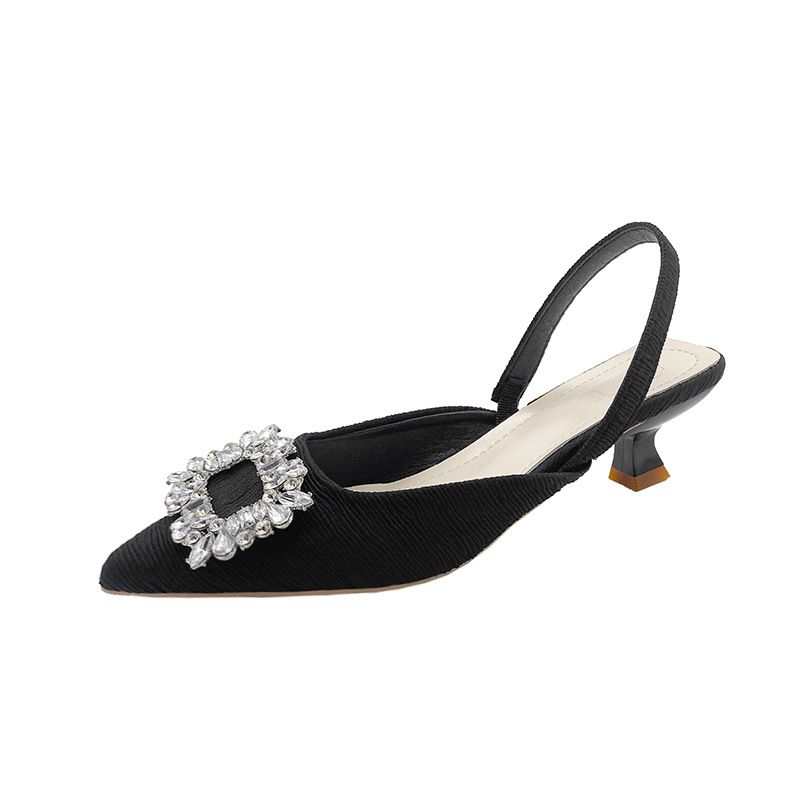 Baotou Sandals For Women 2024 New Summer Rhinestone Square Buckle Fairy Open Back French Style Thin High Heel Pointed_vogvips.com