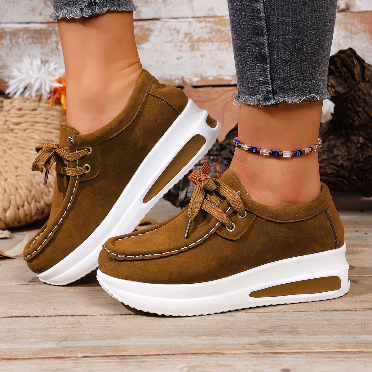 Women's Lace Up Platform Sports Shoes Suede Lightweight Casual Thick Sole Autumn New Style Plus Size 43_vogvips.com