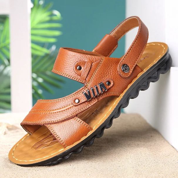 New Summer Men's Sandals Cow Leather Beach Korean Style Casual Outdoor Shoes Two-Use Slip-On Flip Flops_vogvips.com