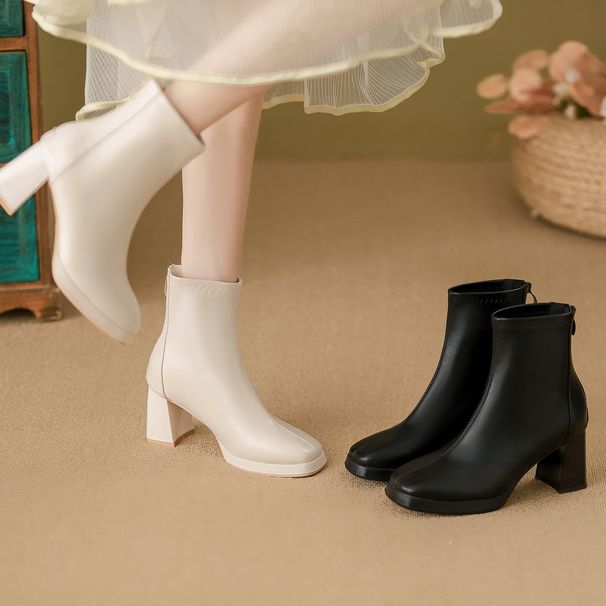 2025 French Style Ankle High Stretch Slim Chunky Heel Platform Single Martin Boots For Women To Pair With Dresses_vogvips.com