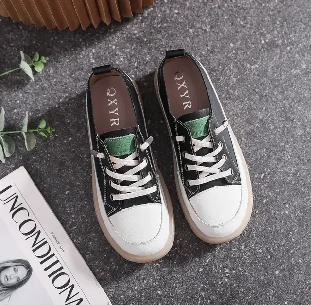Genuine Leather Elastic Band Flat Round Toe Low Cut White Comfortable Breathable Soft Bottomed Casual Board Shoes_vogvips.com