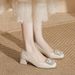 Genuine French-style Rhinestone Square-toed Chunky Heel Pumps, Soft Leather Shallow High-heeled Shoes Bridesmaids And_vogvips.com