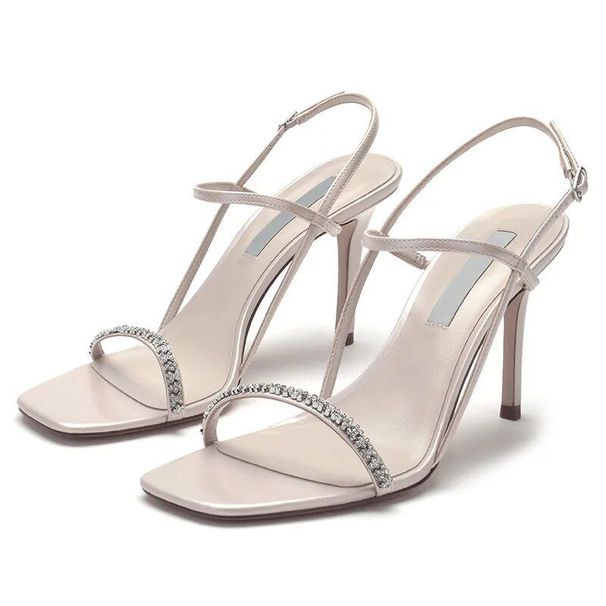 Sandals 2024 Summer Thin Square Head Black Rhinestone High Heel Design Sense Fashion Women's Shoes_vogvips.com