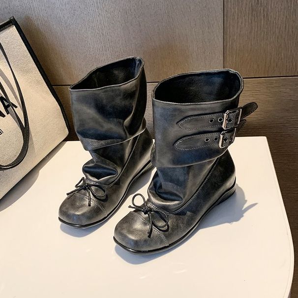 Gentle Girl Street Bow Boots For Women, Ballet Style Vintage Distressed Short Pleated Height-increasing Boots, Original_vogvips.com