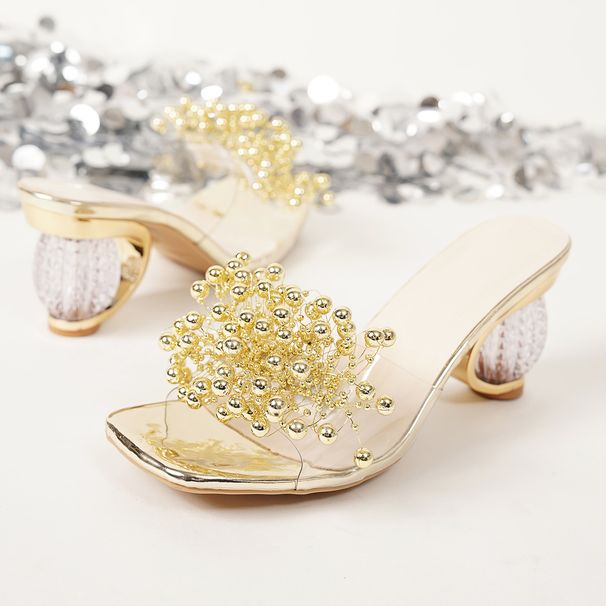 Women's Shoes Crystal-Embellished Square-Toe Slide Sandals - Transparent PVC Straps With Pearl Accents (Gold/Silver) | Fashionable Summer Heels_vogvips.com
