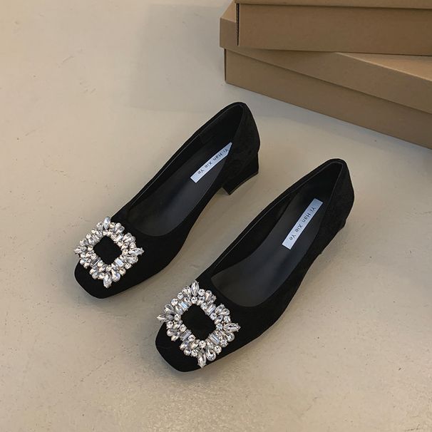 French Square Head Single Shoes Women's Shoes Early Spring Rhinestone Thick Heel Low Heel Shoes One Pedal Shallow High Heels_vogvips.com