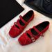 Sheepskin Version Retro Bow Knot Shallow Mouth Ballet Shoes Square Toe Small Single Shoes One Word Buckle Strap Thick Soled Shoes_vogvips.com