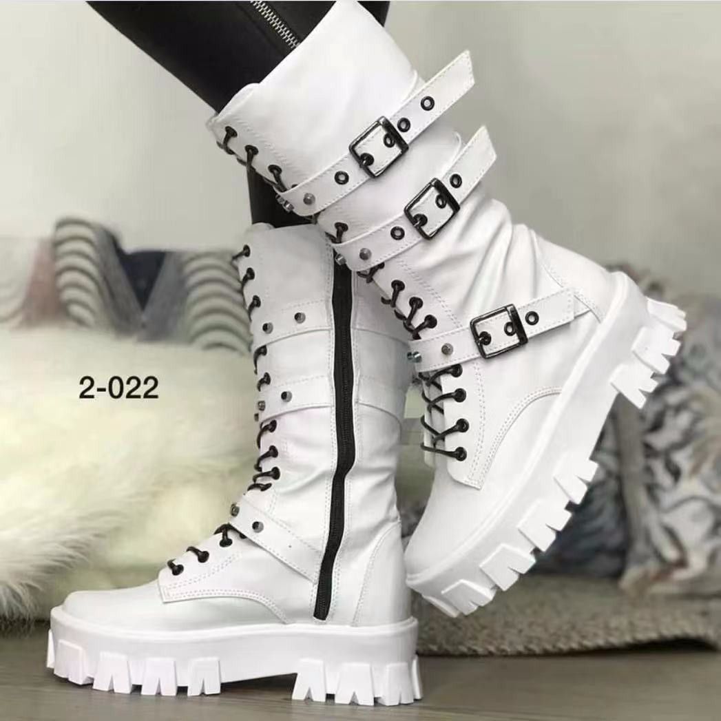 Women's Chunky Sole Buckle Detail Mid-Calf Riding Boots - PU Leather Round Toe Low Heel Side Zipper Boots_vogvips.com