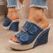 Women's Denim Wedge Sandals Open Toe Platform Buckle Sandals Plus Size_vogvips.com