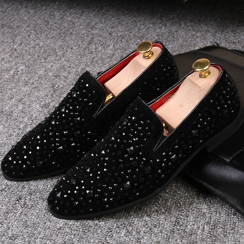 Black Spikes, 2022, New Brand, Loafers, Us Shoes, Denim And Metal Sequins, High Quality Casual Men's Shoes_vogvips.com