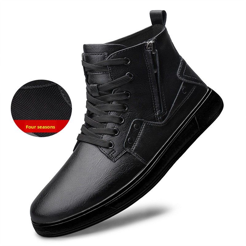 Martin Boots Men's Velvet Thermal Leather Zipper Top Layer Short Boots High Top Cotton Shoes_vogvips.com
