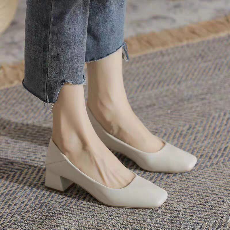 Super Soft! Soft French Style Mid-Heel Shallow Mouth Square Toe Chunky Heel Nude Color Cheongsam Single Work Leather_vogvips.com